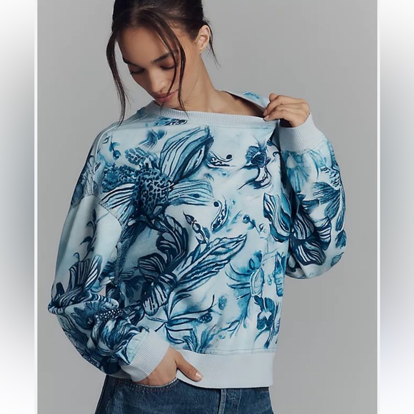 Anthropologie Tops - Anthropologie Pilcro Batik Printed Blue and White Floral Oversized Sweatshirt L